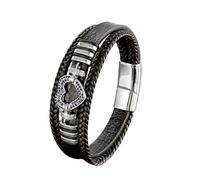 HUIANGLIYG Multi-Layer Leather Bracelet for Men Women Black Braided Leather Wristband with Sparkling Crystal Heart Accent Retro Trendy Jewellery Gift for Him Her Silver Sapphire Cz 23Cm