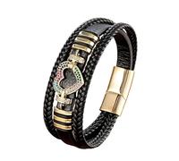 HUIANGLIYG Multi-Layer Leather Bracelet for Men Women Black Braided Leather Wristband with Sparkling Crystal Heart Accent Retro Trendy Jewellery Gift for Him Her Gold Rainbow Cz 21Cm
