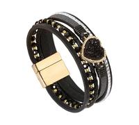 HUIANGLIYG Multilayer Leather Wrap Bracelet With Cubic Zirconia Druzy Stone Heart-Shape Wide Cuff Bracelets For Women Handmade Wristbands Jewelry Bohemian Gift Black 19.5 Cm