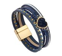 HUIANGLIYG Multilayer Leather Wrap Bracelet With Cubic Zirconia Druzy Stone Heart-Shape Wide Cuff Bracelets For Women Handmade Wristbands Jewelry Bohemian Gift Dark Blue 19.5 Cm