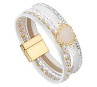 HUIANGLIYG Multilayer Leather Wrap Bracelet With Cubic Zirconia Druzy Stone Heart-Shape Wide Cuff Bracelets For Women Handmade Wristbands Jewelry Bohemian Gift White 19.5 Cm