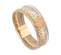 HUIANGLIYG Multilayer Leather Wrap Bracelet With Cubic Zirconia Druzy Stone Heart-Shape Wide Cuff Bracelets For Women Handmade Wristbands Jewelry Bohemian Gift Khaki 19.5 Cm