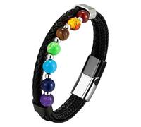 HUIANGLIYG Natural 7 Chakra Gemstone Beaded Bracelet, Black Braided Leather Wristband With Magnetic Clasp Boho Handmade Braided Leather Bracelet For Men Women Black+White 21 Cm
