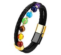 HUIANGLIYG Natural 7 Chakra Gemstone Beaded Bracelet, Black Braided Leather Wristband With Magnetic Clasp Boho Handmade Braided Leather Bracelet For Men Women Black+Gold 19 Cm
