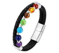 HUIANGLIYG Natural 7 Chakra Gemstone Beaded Bracelet, Black Braided Leather Wristband With Magnetic Clasp Boho Handmade Braided Leather Bracelet For Men Women White 21 Cm