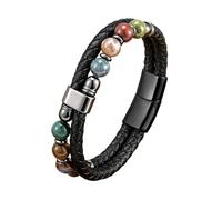 HUIANGLIYG Natural Stone Beaded Bracelets for Men Double Layer Braided Leather Wristband with Magnetic Clasp Stylish Casual Cuff Bangle Bohemian Jewelry Gift for Him Multicolored Agate 19Cm