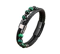 HUIANGLIYG Natural Stone Beaded Bracelets for Men Double Layer Braided Leather Wristband with Magnetic Clasp Stylish Casual Cuff Bangle Bohemian Jewelry Gift for Him Malachite 19Cm