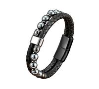 HUIANGLIYG Natural Stone Beaded Bracelets for Men Double Layer Braided Leather Wristband with Magnetic Clasp Stylish Casual Cuff Bangle Bohemian Jewelry Gift for Him Hematite 19Cm