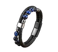 HUIANGLIYG Natural Stone Beaded Bracelets for Men Double Layer Braided Leather Wristband with Magnetic Clasp Stylish Casual Cuff Bangle Bohemian Jewelry Gift for Him Blue Tigers Eye Stone 19Cm