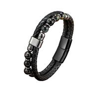 HUIANGLIYG Natural Stone Beaded Bracelets for Men Double Layer Braided Leather Wristband with Magnetic Clasp Stylish Casual Cuff Bangle Bohemian Jewelry Gift for Him Grey Tigers Eye Stone 21Cm
