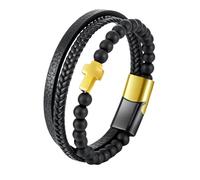 HUIANGLIYG Natural Stone Beads Leather Bracelet for Mens Black Multi Layer Cross Faith Bracelet Handmade Twist Braided Amulet Wristband Easter Christmas Jewelry Gift with Box Matte Black Agate + Gol