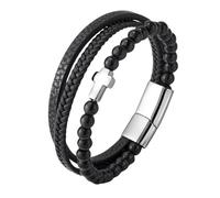 HUIANGLIYG Natural Stone Beads Leather Bracelet for Mens Black Multi Layer Cross Faith Bracelet Handmade Twist Braided Amulet Wristband Easter Christmas Jewelry Gift with Box Black Glass Beads + Sil