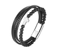HUIANGLIYG Natural Stone Beads Leather Bracelet for Mens Black Multi Layer Cross Faith Bracelet Handmade Twist Braided Amulet Wristband Easter Christmas Jewelry Gift with Box Matte Black Agate + Sil