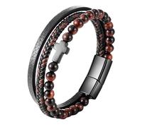 HUIANGLIYG Natural Stone Beads Leather Bracelet for Mens Black Multi Layer Cross Faith Bracelet Handmade Twist Braided Amulet Wristband Easter Christmas Jewelry Gift with Box Red Tiger'S Eye Stone +