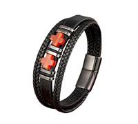 HUIANGLIYG Natural Stone Cross Leather Bracelet for Men Multi Layer Braided Leather Wrap Bracelet Vintage Handmade Wristband with Magnetic Clasp Amulet Good Luck Jewelry Gifts for Him Red Agate 23Cm