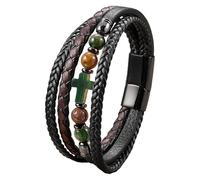 HUIANGLIYG Natural Stones Multi-Layer Braided Leather Bracelets Cross Gemstone Magnetic Closure Beaded Rosary Bangle Faith Religious Jewelry Accessories For Men Women Colorful 19 Cm