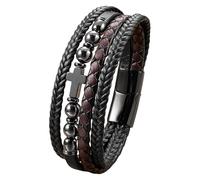 HUIANGLIYG Natural Stones Multi-Layer Braided Leather Bracelets Cross Gemstone Magnetic Closure Beaded Rosary Bangle Faith Religious Jewelry Accessories For Men Women Hematite 19 Cm