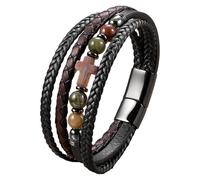 HUIANGLIYG Natural Stones Multi-Layer Braided Leather Bracelets Cross Gemstone Magnetic Closure Beaded Rosary Bangle Faith Religious Jewelry Accessories For Men Women African Agate 21 Cm