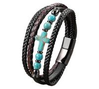 HUIANGLIYG Natural Stones Multi-Layer Braided Leather Bracelets Cross Gemstone Magnetic Closure Beaded Rosary Bangle Faith Religious Jewelry Accessories For Men Women Turquoise 21 Cm