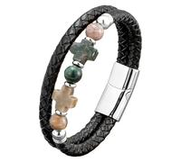 HUIANGLIYG Natural Stones Multi-Layer Braided Leather Bracelets Gemstone Cross Magnetic Closure Beaded Rosary Bangle Faith Religious Jewelry Accessories For Men Women African Agate 19 Cm
