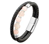 HUIANGLIYG Natural Stones Multi-Layer Braided Leather Bracelets Gemstone Cross Magnetic Closure Beaded Rosary Bangle Faith Religious Jewelry Accessories For Men Women Rose Quartz 21 Cm
