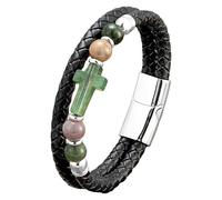 HUIANGLIYG Natural Stones Multi-Layer Braided Leather Bracelets Gemstone Cross Magnetic Closure Beaded Rosary Bangle Faith Religious Jewelry Gifts For Men Women African Agate 23 Cm
