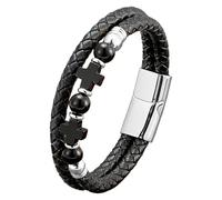 HUIANGLIYG Natural Stones Multi-Layer Braided Leather Bracelets Gemstone Cross Magnetic Closure Beaded Rosary Bangle Faith Religious Jewelry Accessories For Men Women Black Onyx 21 Cm