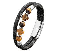 HUIANGLIYG Natural Stones Multi-Layer Braided Leather Bracelets Gemstone Cross Magnetic Closure Beaded Rosary Bangle Faith Religious Jewelry Accessories For Men Women Tiger Eye 19 Cm