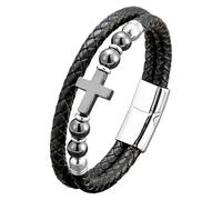HUIANGLIYG Natural Stones Multi-Layer Braided Leather Bracelets Gemstone Cross Magnetic Closure Beaded Rosary Bangle Faith Religious Jewelry Gifts For Men Women Hematite 21 Cm