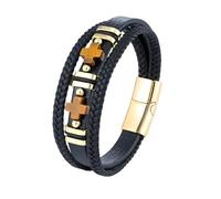 HUIANGLIYG Natural Tiger Eye Stone Multilayer Braided Leather Cuff Bracelets Cross Leather Bracelet With Magnetic Buckle Religious Faith Jewelry Gifts For Men Women Gold 23 Cm