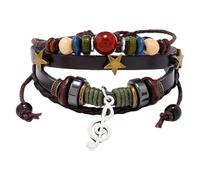 HUIANGLIYG Retro Leather Bracelet With Colorful Beads, Star And Music Note Charms, Y2K Style Multi-Strand Leather Bracelet For Women Men Fairy Core Grunge Accessories Dark Brown 21 Cm