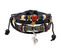 HUIANGLIYG Retro Leather Bracelet With Colorful Beads, Star And Music Note Charms, Y2K Style Multi-Strand Leather Bracelet For Women Men Fairy Core Grunge Accessories Black 21 Cm