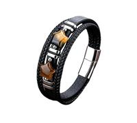 HUIANGLIYG Star Shape Tiger Eye Stone Black Leather Bracelet for Men Vintage Three-Layer Leather Rope Braided Cuff Bracelet Handmade Wristband Gift for Men Boys Him Accessories Black Leather-Silver