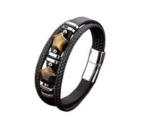 HUIANGLIYG Star Shape Tiger Eye Stone Black Leather Bracelet for Men Vintage Three-Layer Leather Rope Braided Cuff Bracelet Handmade Wristband Gift for Men Boys Him Accessories Brown Leather-Silver