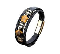 HUIANGLIYG Star Shape Tiger Eye Stone Black Leather Bracelet for Men Vintage Three-Layer Leather Rope Braided Cuff Bracelet Handmade Wristband Gift for Men Boys Him Accessories Black Leather-Gold Ac