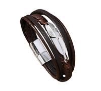 HUIANGLIYG Thoughtful Gift for Dad, Men'S Multi-Layer Braided Leather Bracelet with Silver Feather, Adjustable Magnetic Clasp Cuff Bangle, Stylish Handmade Wristband Jewelry Gifts Dark Brown 22Cm