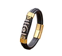 HUIANGLIYG Tibetan Nine Eyed Dzi Bead Agate Bracelet for Men Double Layer Braided Black Leather Wristband with Magnetic Clasp Retro Tribal Pattern Amulet Jewelry for Daily Wear Style 1 21Cm