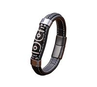 HUIANGLIYG Tibetan Nine Eyed Dzi Bead Agate Bracelet for Men Double Layer Braided Black Leather Wristband with Magnetic Clasp Retro Tribal Pattern Amulet Jewelry for Daily Wear Style 2 19Cm