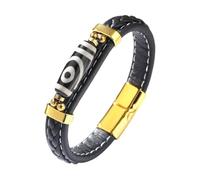 HUIANGLIYG Tibetan Nine Eyed Dzi Bead Agate Bracelet for Men Women Handmade Braided Leather Wristband Amulet with Magnetic Clasp Vintage Ethnic fortune Charm Bracelets Two Eyed Gold 21.5Cm