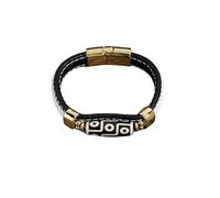 HUIANGLIYG Tibetan Nine Eyed Dzi Bead Bracelet Handmade Braided Genuine Leather Bracelets for Men Women Retro Ethnic Style Ceramic Wristband Amulet Jewelry Gift Gold Buckle 23Cm