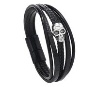 HUIANGLIYG Unisex Gothic Skull Leather Bracelet Multi Layer Braided Leather Wrap Wristband with Magnetic Clasp Punk Rock Skull Bangle Jewelry Accessories for Halloween Black Buckle 23Cm