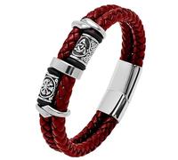 HUIANGLIYG Viking Bracelet for Men Celtic Knot Leather Bracelet Handmade Double Row Braided Rope Wristband with Magnetic Clasp Vintage Punk Jewellery Gift Double Red Leather 19.5Cm