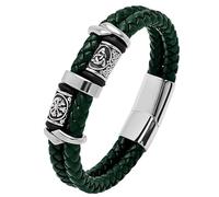 HUIANGLIYG Viking Bracelet for Men Celtic Knot Leather Bracelet Handmade Double Row Braided Rope Wristband with Magnetic Clasp Vintage Punk Jewellery Gift Double Green Leather 21.5Cm