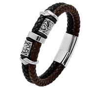 HUIANGLIYG Viking Bracelet for Men Celtic Knot Leather Bracelet Handmade Double Row Braided Rope Wristband with Magnetic Clasp Vintage Punk Jewellery Gift Black and Brown Leather 19.5Cm