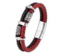 HUIANGLIYG Viking Compass Leather Bracelet for Men Double Row Braided Leather Wristband with Charms & Magnetic Clasp Retro Style Mens Bracelet Gift for Boyfriend Brother Dad Black Red 20Cm