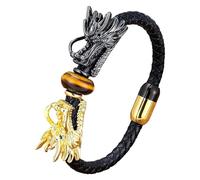 HUIANGLIYG Viking Dragon Leather Bracelet For Men,Natural Gemstone Black Braided Leather Cuff Wristband Double Dragon Head Braided Bracelet Punk Jewelry Gift Tiger-Eye-4 19 Cm