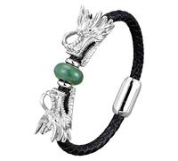 HUIANGLIYG Viking Dragon Leather Bracelet For Men,Natural Gemstone Black Braided Leather Cuff Wristband Double Dragon Head Braided Bracelet Punk Jewelry Gift Green-Aventurine-1 23 Cm