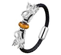 HUIANGLIYG Viking Dragon Leather Bracelet For Men,Natural Gemstone Black Braided Leather Cuff Wristband Double Dragon Head Braided Bracelet Punk Jewelry Gift Tiger-Eye-1 21 Cm