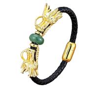 HUIANGLIYG Viking Dragon Leather Bracelet For Men,Natural Gemstone Black Braided Leather Cuff Wristband Double Dragon Head Braided Bracelet Punk Jewelry Gift Green-Aventurine-2 19 Cm
