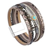 HUIANGLIYG Womens Leather Cuff Bracelet Feather Multi Strand Wrap Bracelet Boho Turquoise Braided Leather Wristbands Bohemian Jewelry Gifts For Women Wife Sister Grey 19.5 Cm